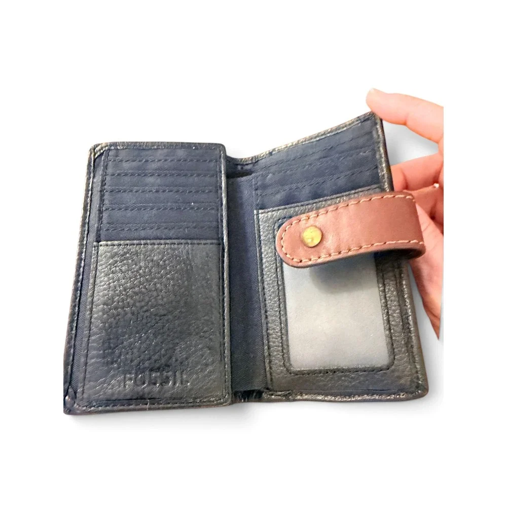 Fossil Trifold Wallet Black Pebbled Leather Brown Trim Card Slots Small